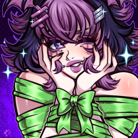 Picture of Vexara with both hands cupping her chin/cheeks and she's wrapped in a pretty light green bow while winking at the viewer.