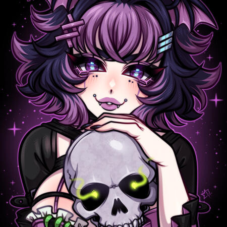 Picture of Vexara who has light and darker purple hair looking at the viewer with a skull in front and her left hand placed gently across the skull's top.